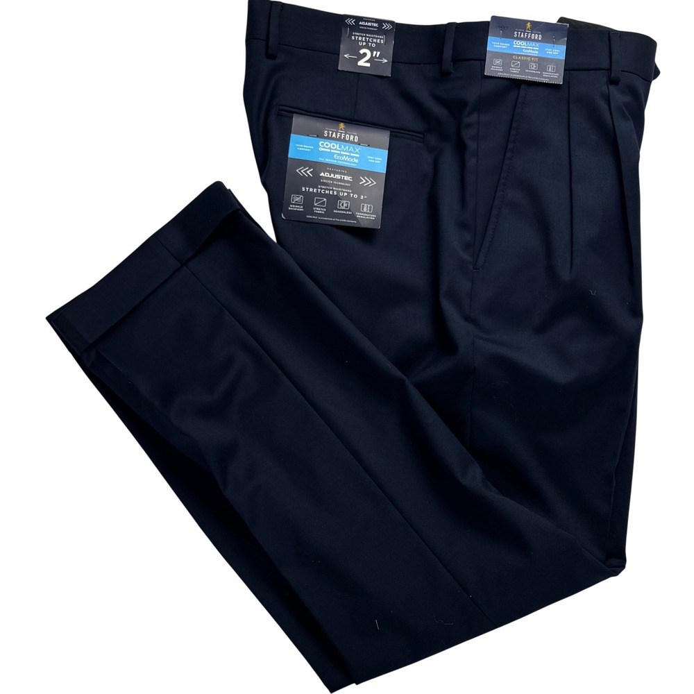 Stafford CoolMax All Season Navy Blue Pleated Dress Pants Mens 36x32 NWT